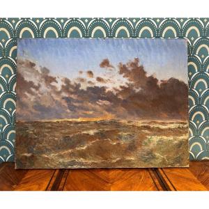 Ancien Tableau Marine à l'Huile Sur Toile , La Mer Début XX Eme Cadre à Clef 