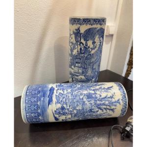 Old Pair Of Vases Called Rouleau In White Blue Chinese Porcelain Epo XIXth Old Vase