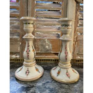 Antique Pair Of Paris Porcelain Candlesticks With Floral Decor Mid-19th Century 