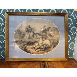 Old Engraving 19th Century Lion Hunting By Bes And Dubreuil