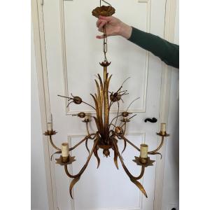 Antique Vintage Chandelier In Gold Metal With Floral Plant And Foliage Motif Circa 1960