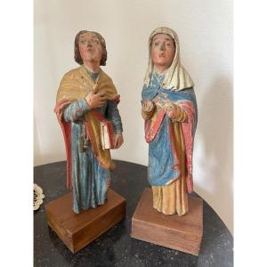 Polychrome Wood Statues Virgin And Apostle On Base End Of 17th Century Old Pair