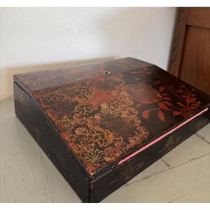 Antique Small Chinese Lacquer Writing Desk With Floral Decoration Circa 1900