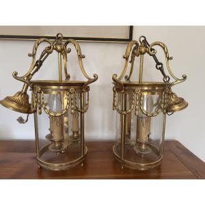 Antique Pair Of Louis XVI Style Bronze Lanterns Mid 20th Century Ceiling Chandelier 74 Cm