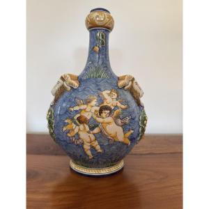 Antique Nevers Faience Flask By Montagnon Circa 1920 Renaissance Faience Putti