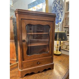 Old Small Display Cabinet With Wall Shelf In Worked Wood, Master's Cabinet From The End Of The 19th Century