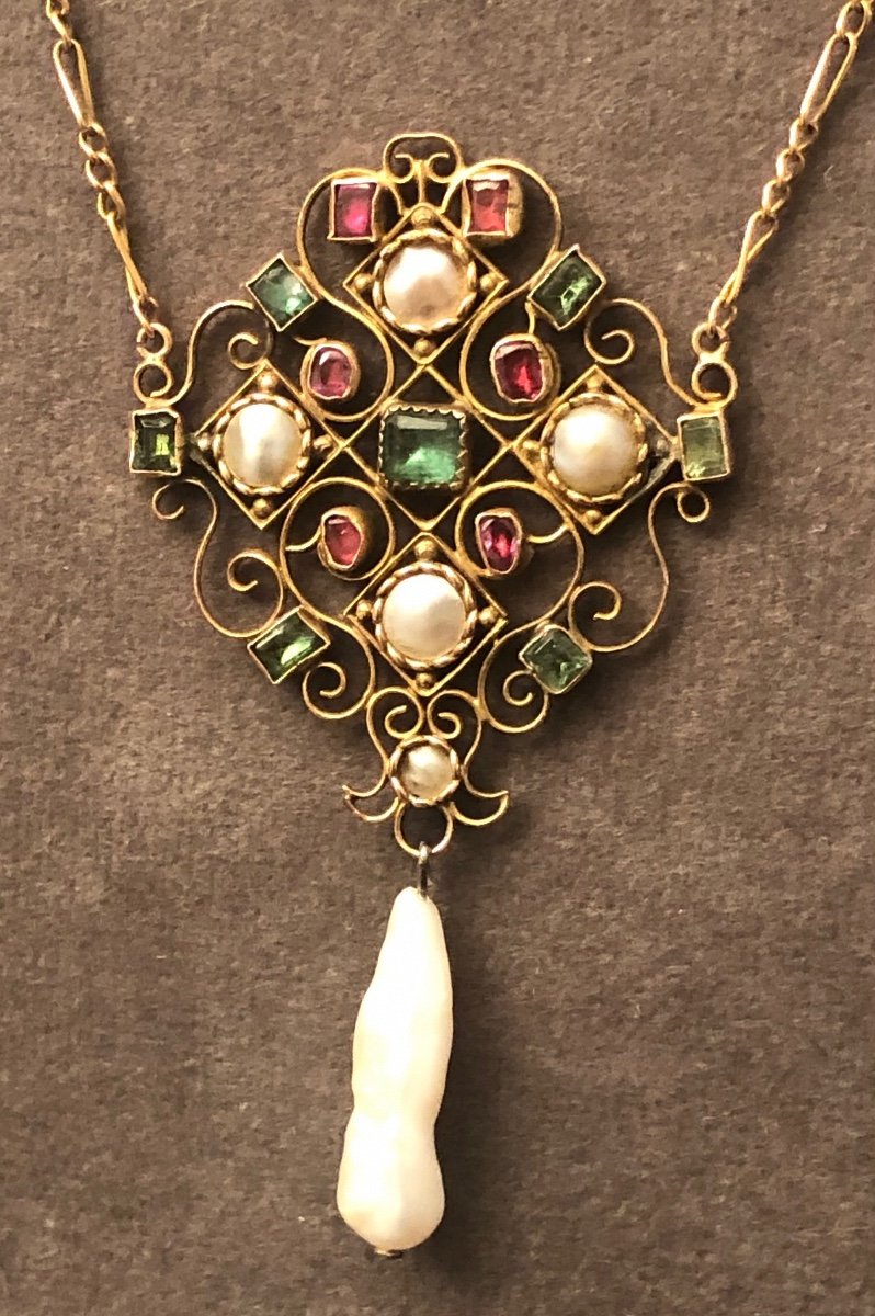 Gold Pendant, Emeralds, Garnets; Beads-photo-4