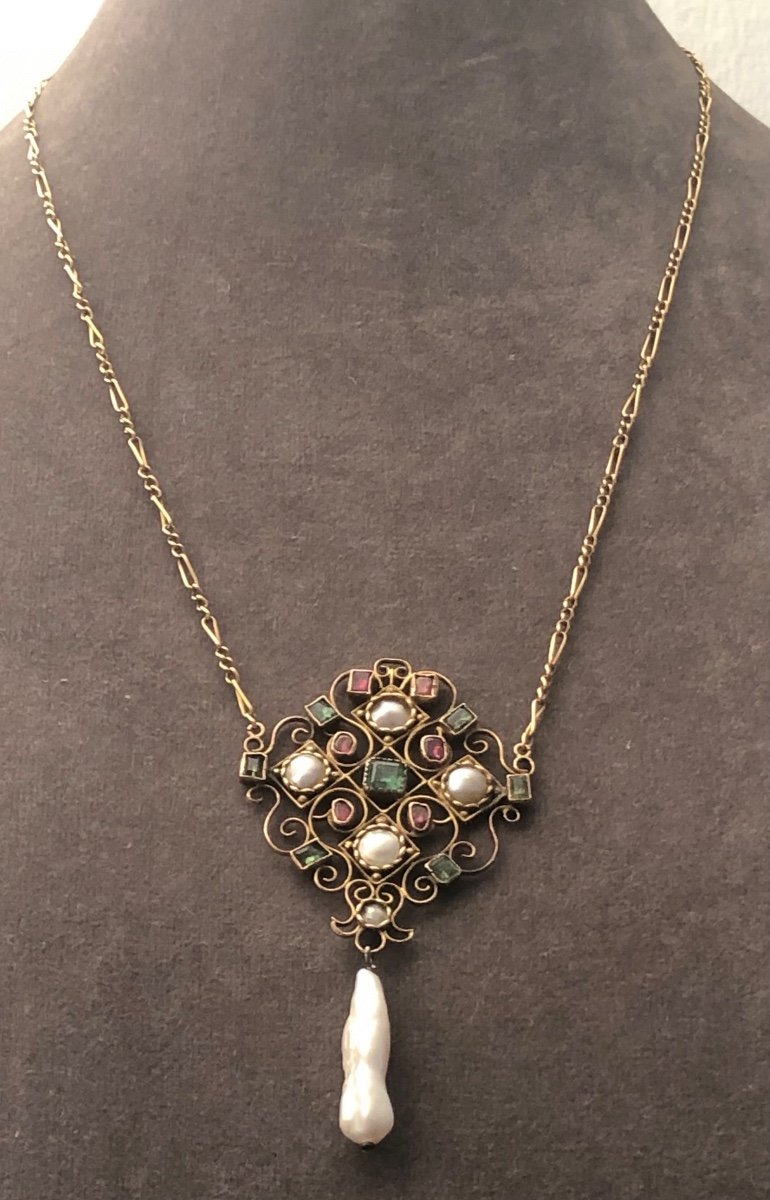 Gold Pendant, Emeralds, Garnets; Beads-photo-3