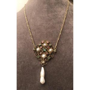 Gold Pendant, Emeralds, Garnets; Beads