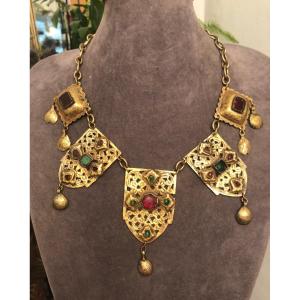 Ethnic Necklace In Gold Metal And Colored Glass