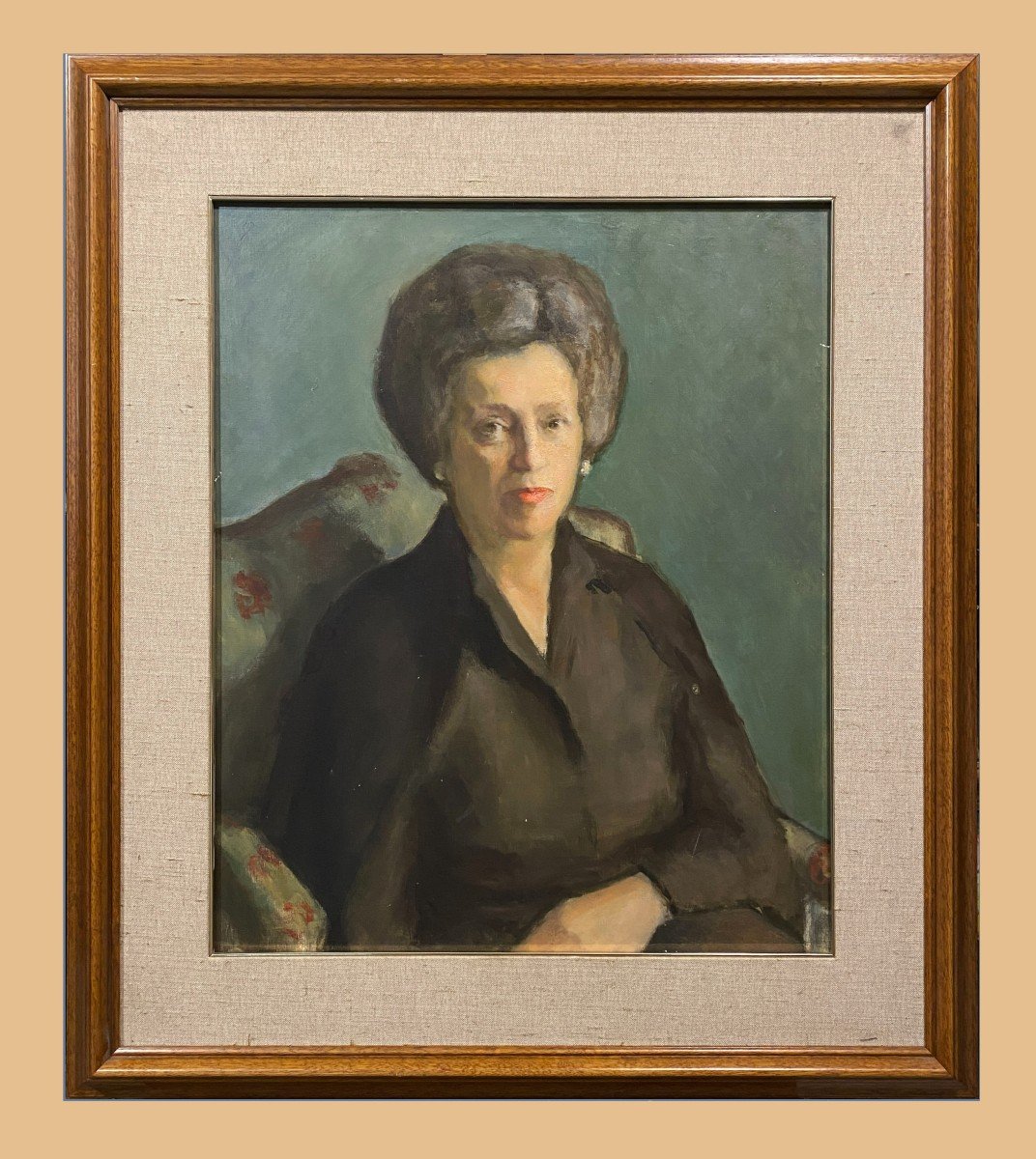 école Allemande (1950s) - élégant Portrait Femme Au Fauteuil 