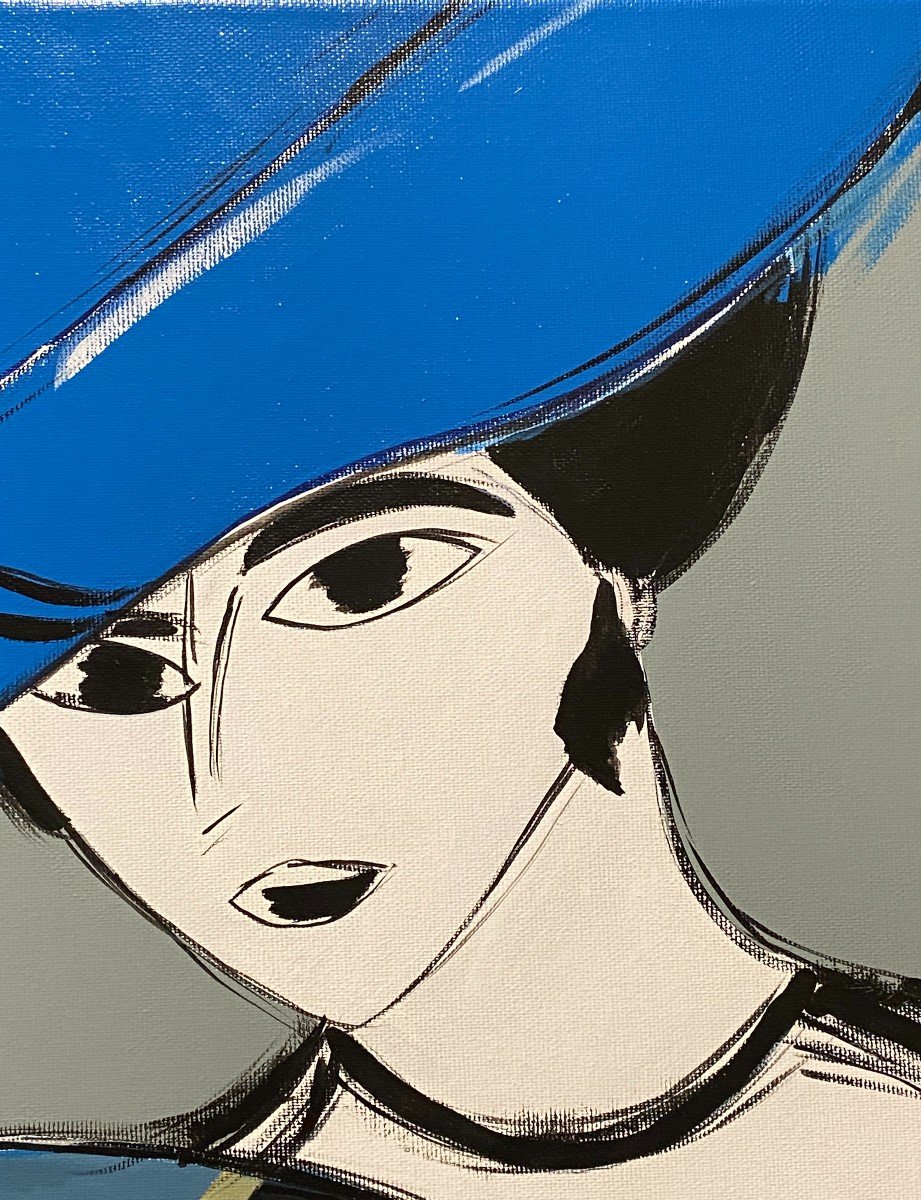 école Espagnole Contemporaine - Femme Au Chapeau Bleu-photo-3