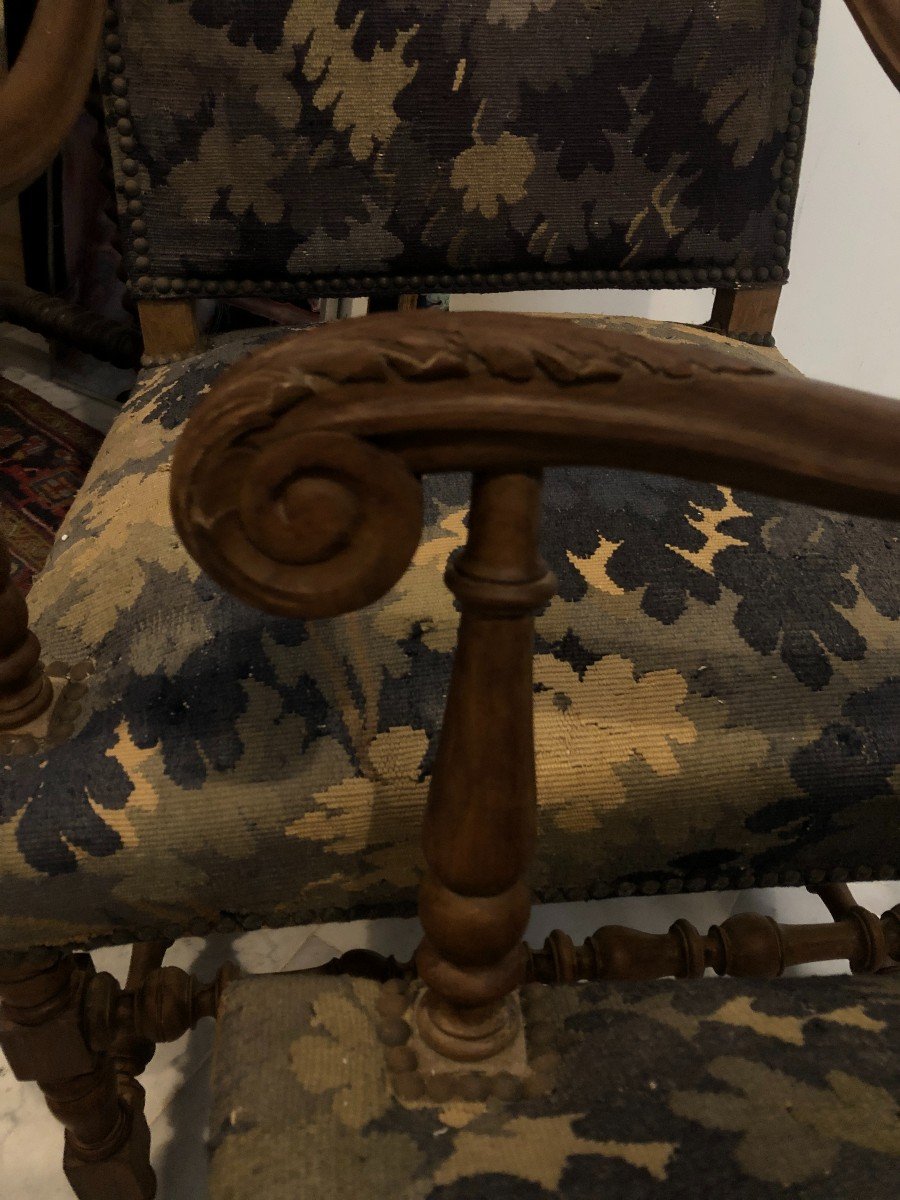 Two Magnificent Louis XIII Style Sheepskin Armchairs With 17th Century Aubusson Tapestries-photo-3