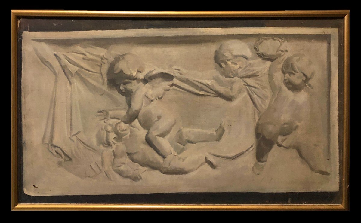 French School (late 18th Century) - Magnificent Tromp-l'oeil Grisaille Relief With Angels