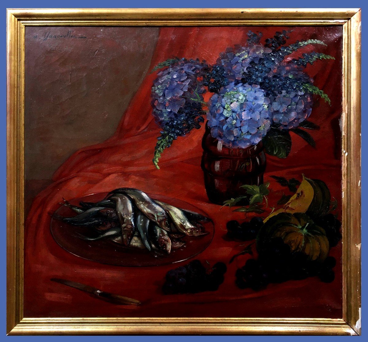 André Vancoillie (1914-1975) - Still Life With Tray Of Sardines And Hydrangeas