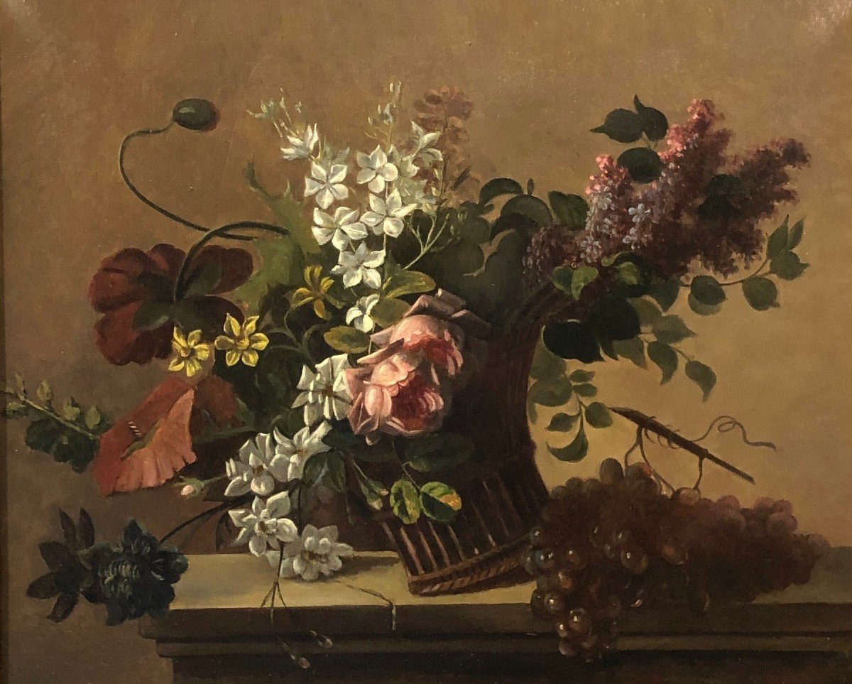 école Européene (xviii-xix) - Nature Morte Au Panier à Fleurs-photo-3