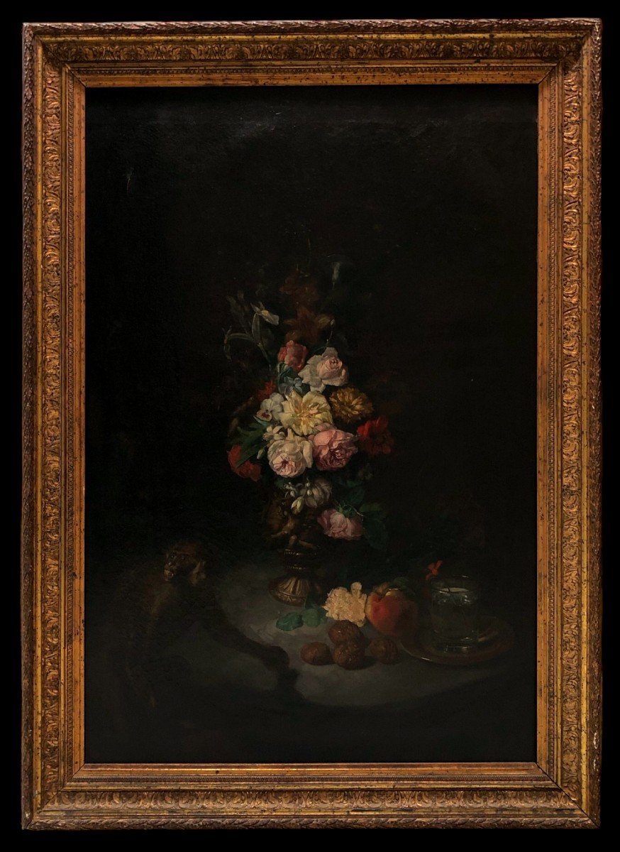 école d'Anvers (xvii-xviii) - Grand Bouquet à Fleurs Avec Singe 