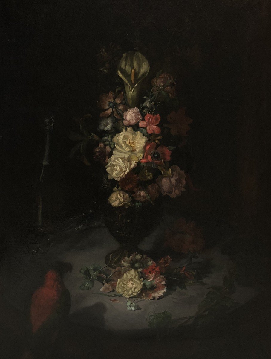 Antwerp School (17th-18th Century) - Flower Bouquet With Parrot And Champagne Bottle-photo-2