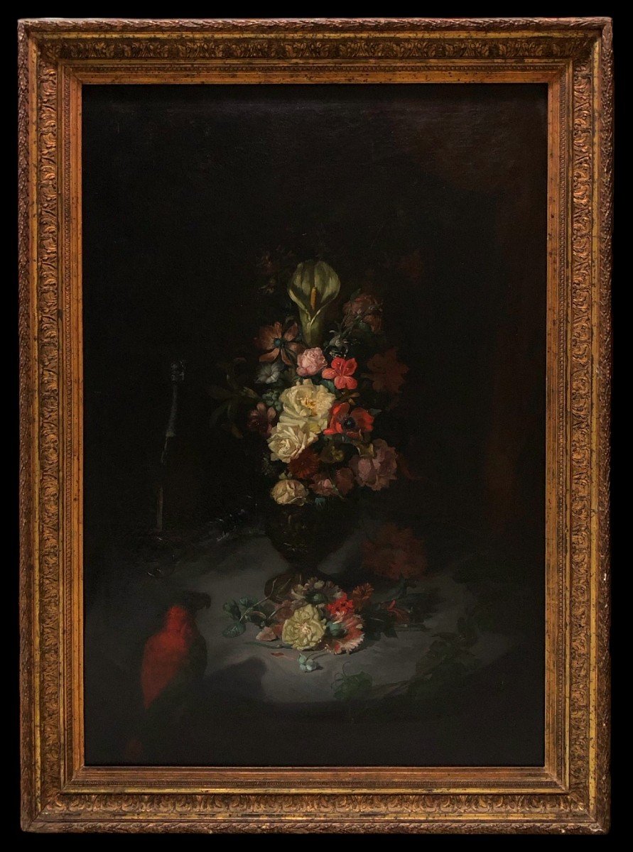 Antwerp School (17th-18th Century) - Flower Bouquet With Parrot And Champagne Bottle