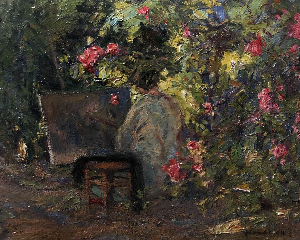 	 école Française (xix-xx) - La Femme Du Peintre, Peignant Sous Les Rosiers-photo-2