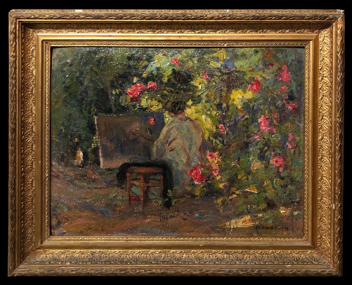 	 école Française (xix-xx) - La Femme Du Peintre, Peignant Sous Les Rosiers