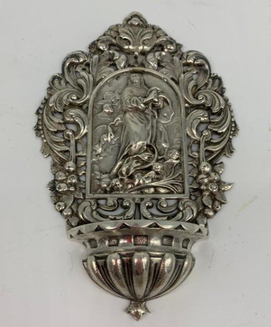 Silver Bedside Holy Water Font - Spain, Early 20th Century