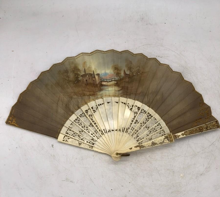 Fan Painted With A Gallant Bourgeois Scene - France, 20th Century-photo-2