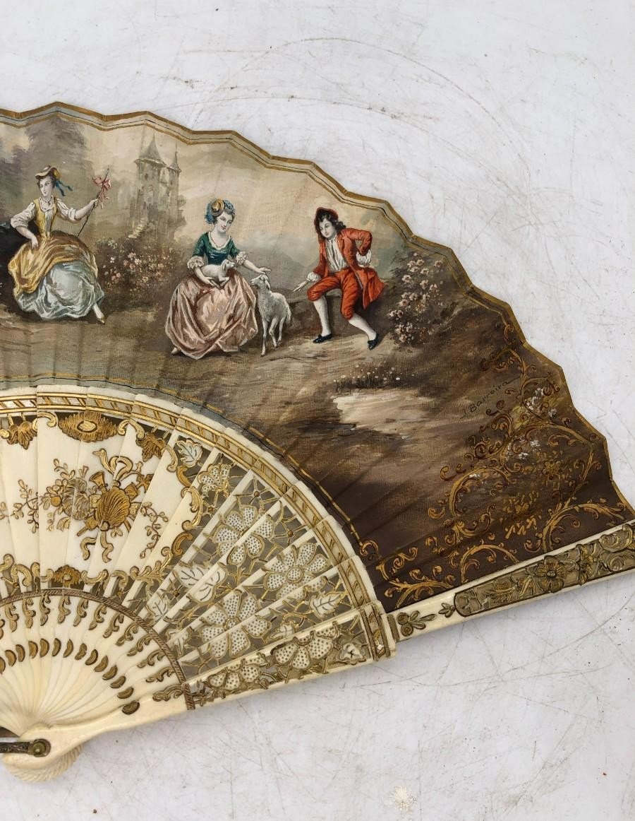 Fan Painted With A Gallant Bourgeois Scene - France, 20th Century-photo-4