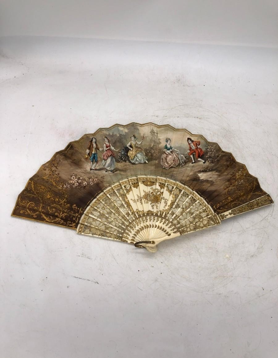 Fan Painted With A Gallant Bourgeois Scene - France, 20th Century