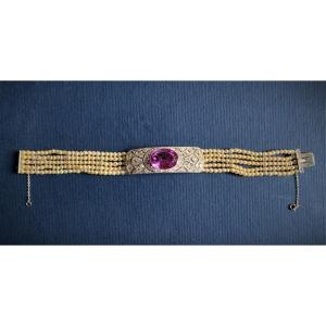 Un Magnifique Bracelet Art Déco Avec Diamants Perles Et Améthyste - Espagne, 1930s