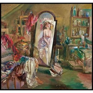 French School (1950s) - A Mirror In The Attic (large Mural)