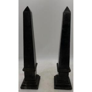 Pair Of Black Marble Obelisks - 19th - 20th Century