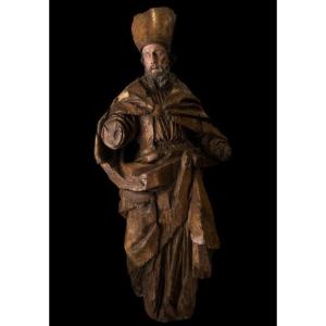 Sculpture Grandeur Nature d'Un Saint En Bois Polychrome - Italie, XVII - XVIII