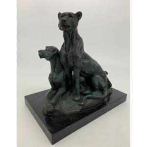 Pair Of Lionesses Sculpted In Bronze And Signed By Milo - French School, C.1950