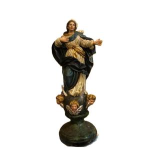 Immaculate Conception Carved In Polychrome Wood - Spanish School, 17th - 18th Century