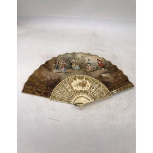 Fan Painted With A Gallant Bourgeois Scene - France, 20th Century