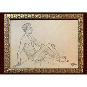 Modernist Drawing, Male Nude - France, 20th Century