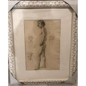 Extraordinary Male Nude, Drawing, Large Format - France, 19th Century