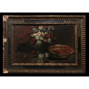 	 école Napolitaine (xvii-xviii) - Nature Morte Aux Fruits Et Aux Fleurs