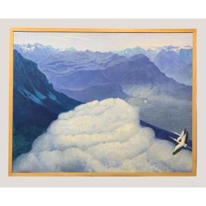 Mountain Landscape With Clouds, Large Format - France, 20th Century