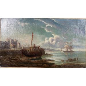 Huile Sur Toile, Bateaux Au Mouillage Devant Une Cité