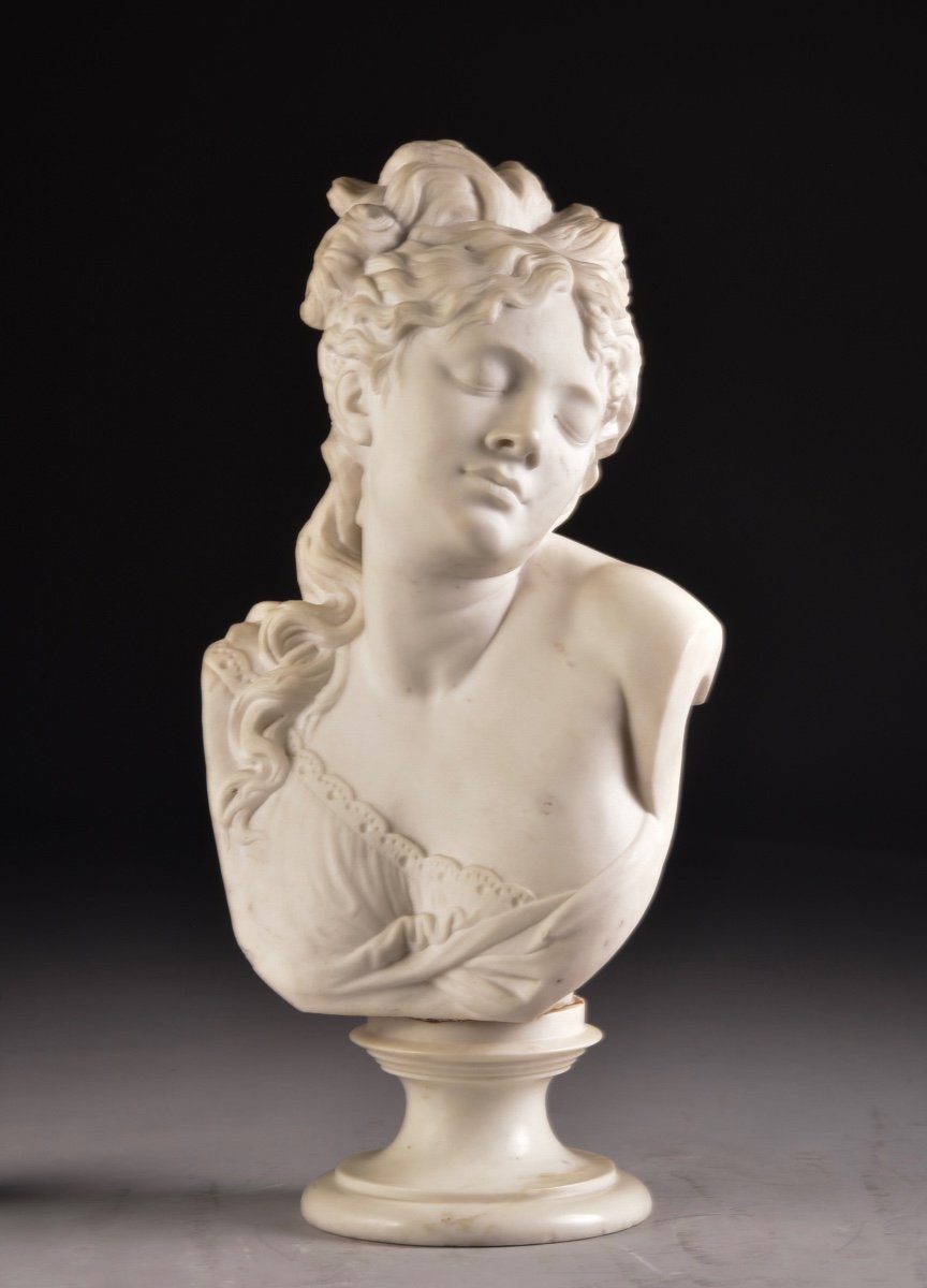 Bust Of A Woman In Carrara Marble, France, 19th Century, After A. Carrier Belleuse, 1970s