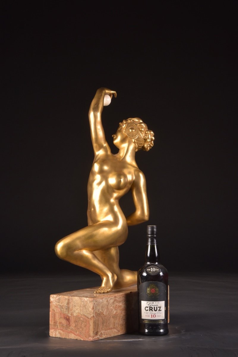 Affortunato Gory (1895-1925) Gilt Bronze Sculpture “naked Balloon Dancer”-photo-2