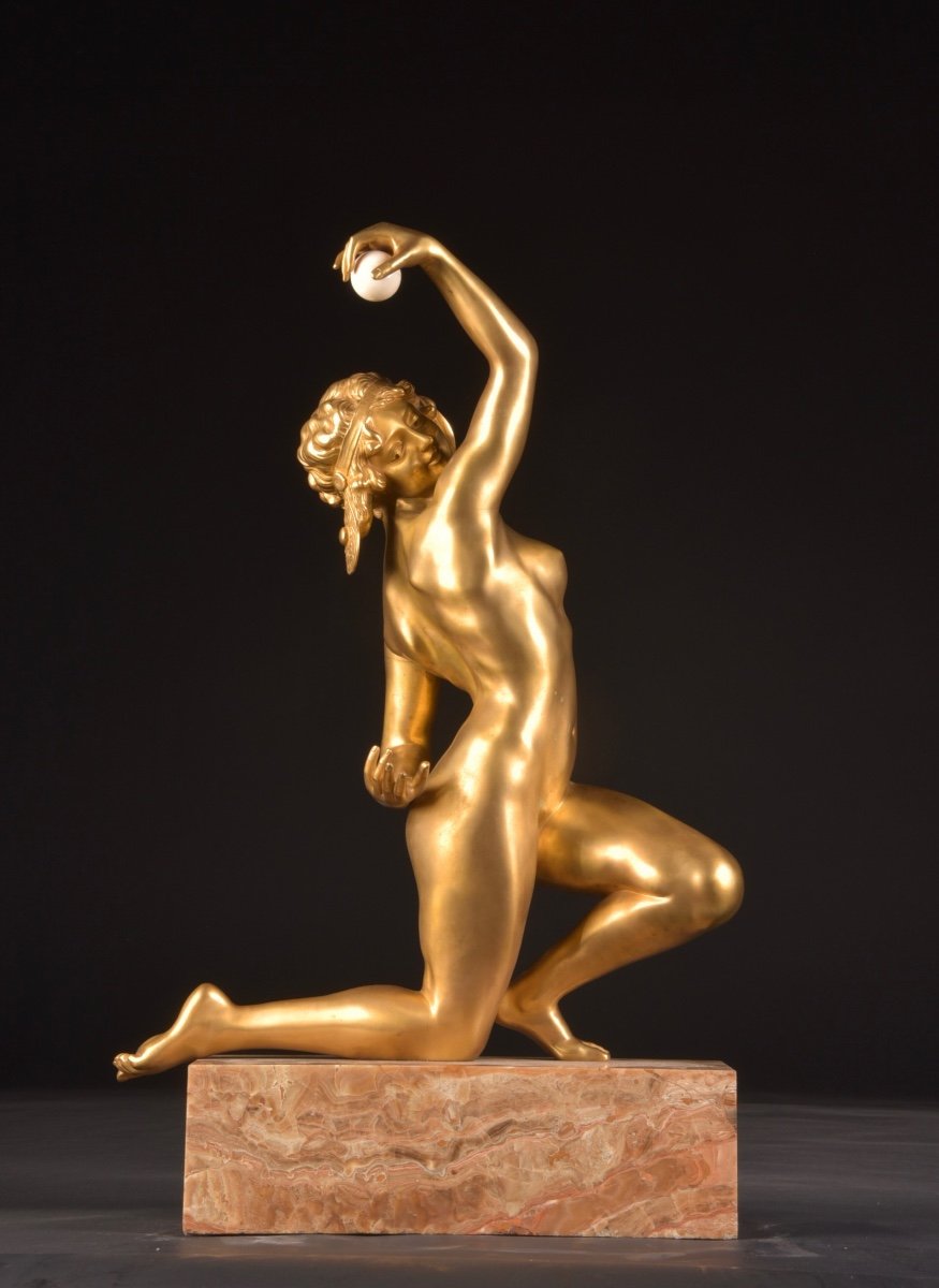 Affortunato Gory (1895-1925) Gilt Bronze Sculpture “naked Balloon Dancer”-photo-3