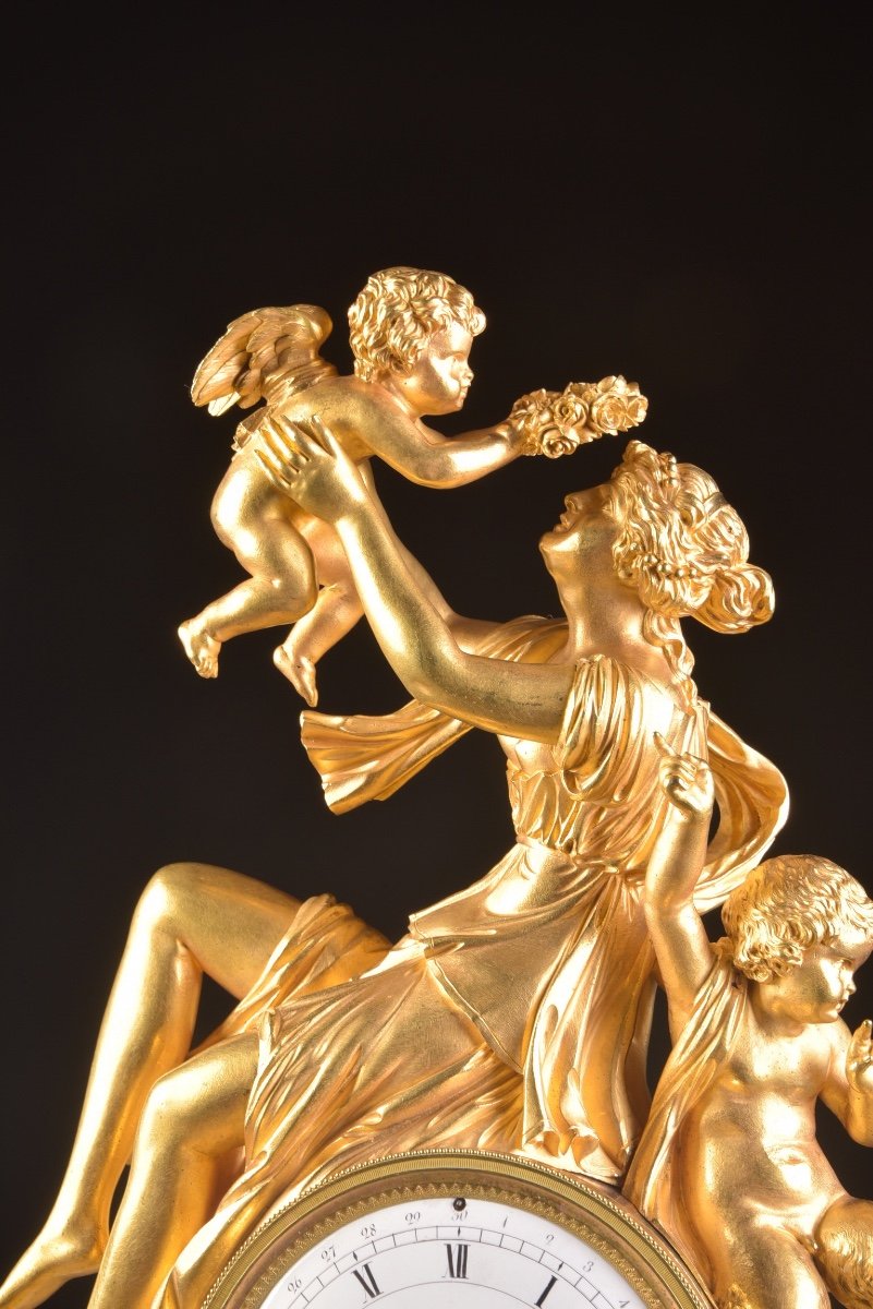 Rare Grande (52 Cm) ​​Pendule de Cheminée Directoire Française, Marber, Bronze doré , C. 1795-photo-4