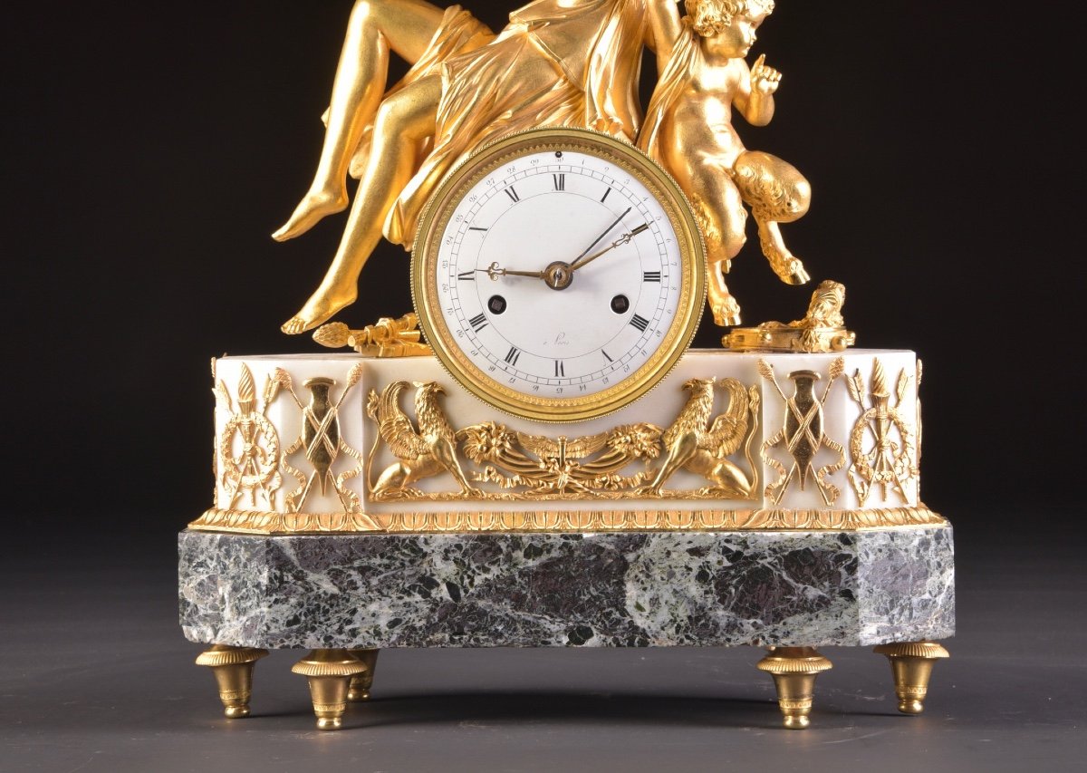 Rare Grande (52 Cm) ​​Pendule de Cheminée Directoire Française, Marber, Bronze doré , C. 1795-photo-1