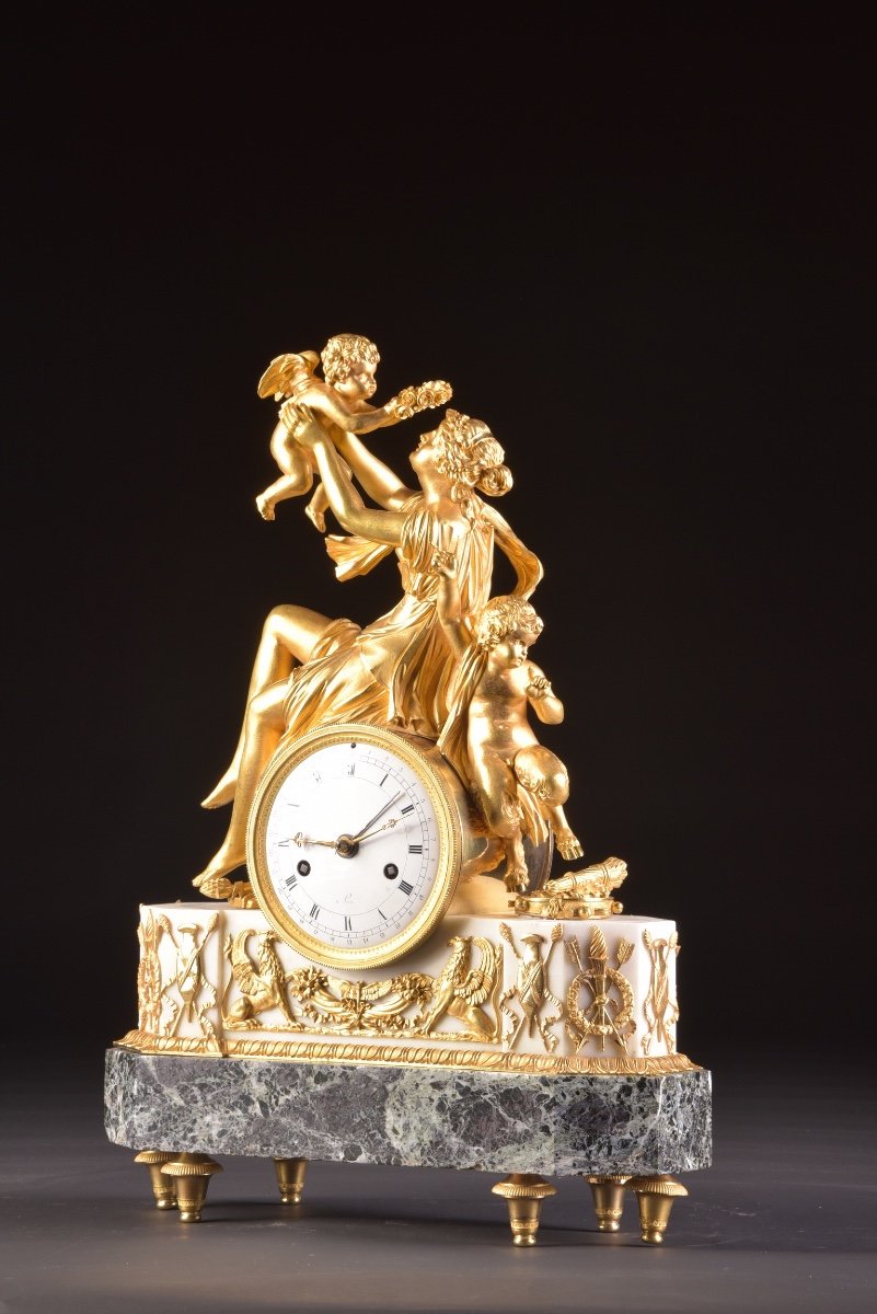 Rare Grande (52 Cm) ​​Pendule de Cheminée Directoire Française, Marber, Bronze doré , C. 1795-photo-3