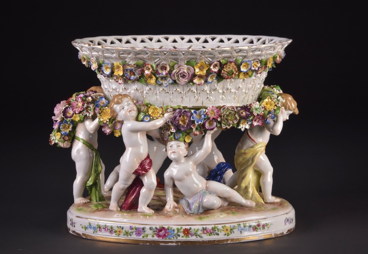 A Large Antique 2-piece Schierholz Porcelain Centerpiece, Ca. 1930-photo-1