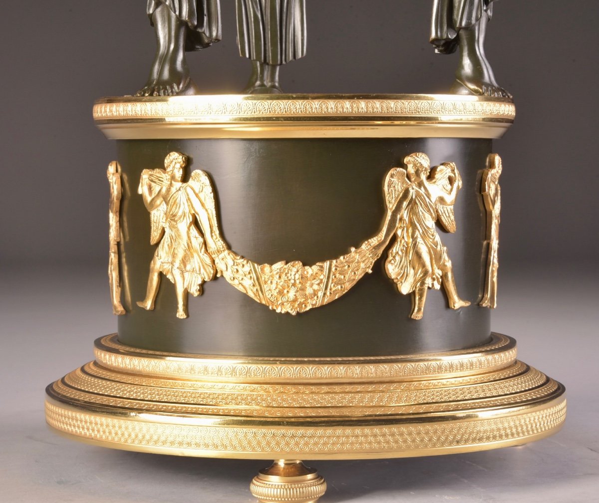 A Large Patinated And Gilded French Empire Table Centerpiece With Three Standing Winged Victories-photo-4