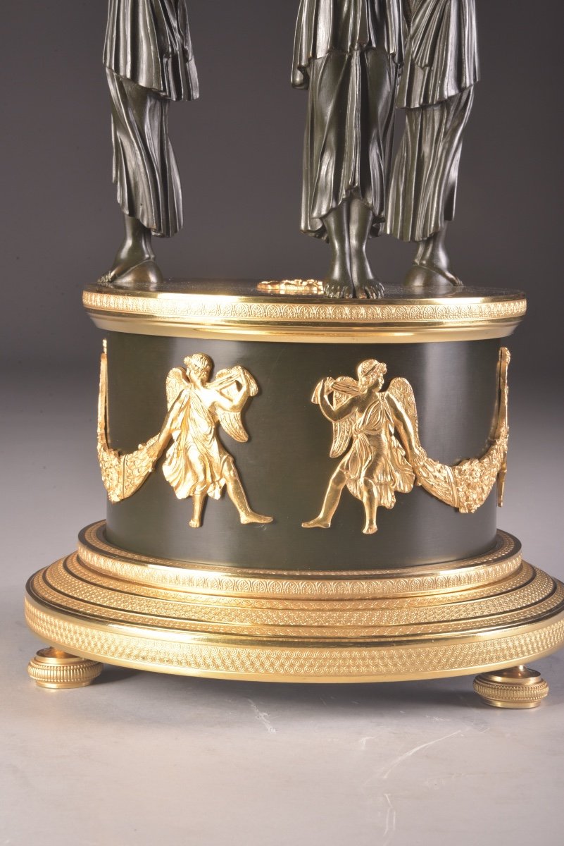 A Large Patinated And Gilded French Empire Table Centerpiece With Three Standing Winged Victories-photo-4